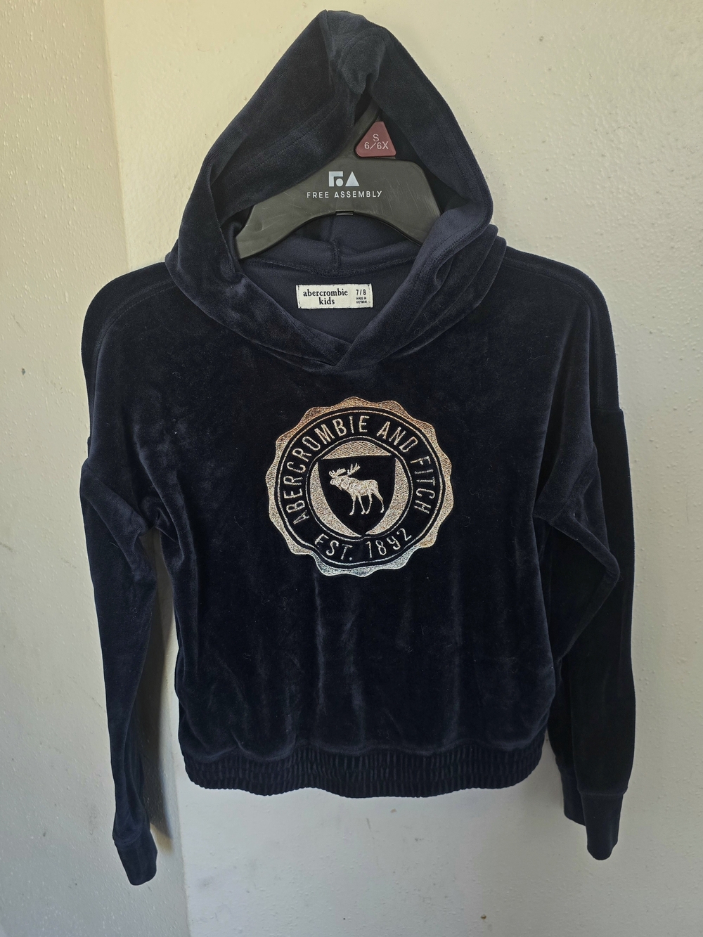 abercrombie kids Navy Velour Hoodie with Crest Logo